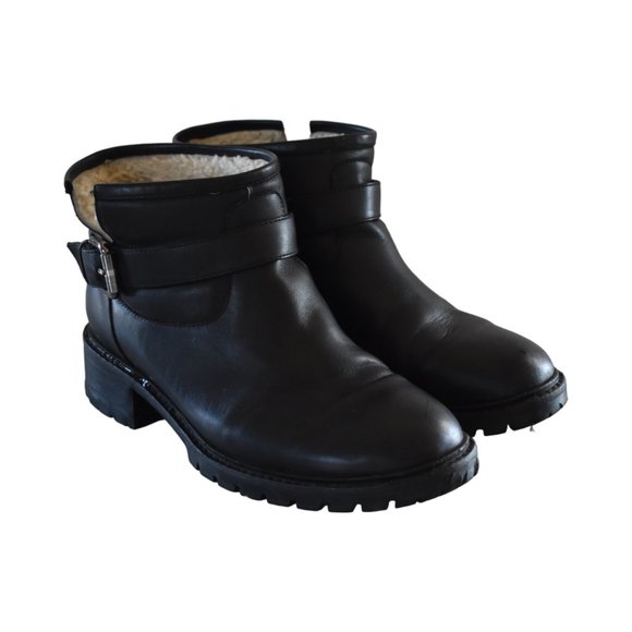 Fendi Shearling Lines Black Leather Moto Ankle Boots Boots / Booties w Lug Soles - Picture 2 of 12